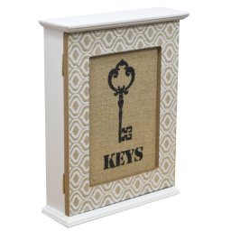 Studio Obiektyw - Biała szafka na klucze z dekoracyjnym wzorem i grafiką klucza na płótnie.