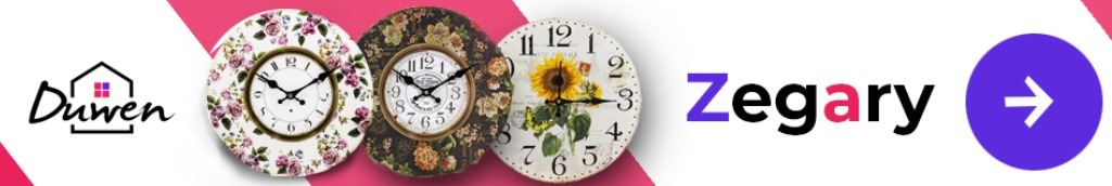 Baner reklamowy z logo Duwen i Zegary, prezentujący trzy okrągłe zegary ścienne z kwiatowymi motywami na tarczach i obudowach, umieszczone na białym tle z różowymi ukośnymi pasami.