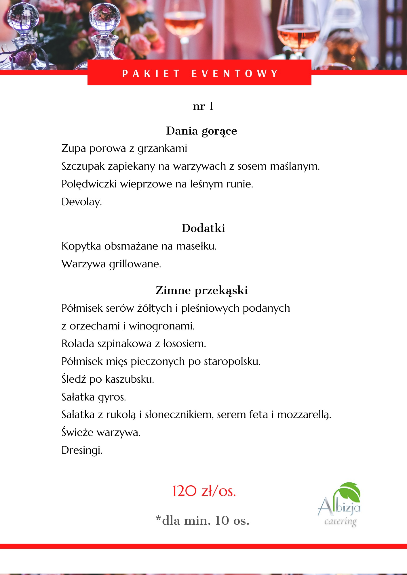 Menu pakietu eventowego z propozycjami dań gorących, dodatków i zimnych przekąsek, z logo firmy cateringowej Albizja Catering w prawym dolnym rogu.