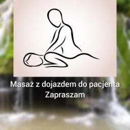 Grafika wektorowa przedstawiająca osobę wykonującą zabieg na leżącej osobie, na rozmytym tle wodospadu.