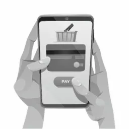Grafika przedstawia telefon w dłoniach, na ekranie koszyk zakupowy, karta kredytowa oraz przycisk 'PAY', symbolizujące płatność online.