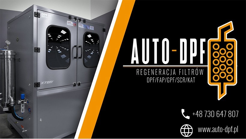 Profesjonalne urządzenie do regeneracji filtrów DPF/FAP/GPF/SCR/KAT, z widocznym logo firmy Auto-DPF i danymi kontaktowymi.