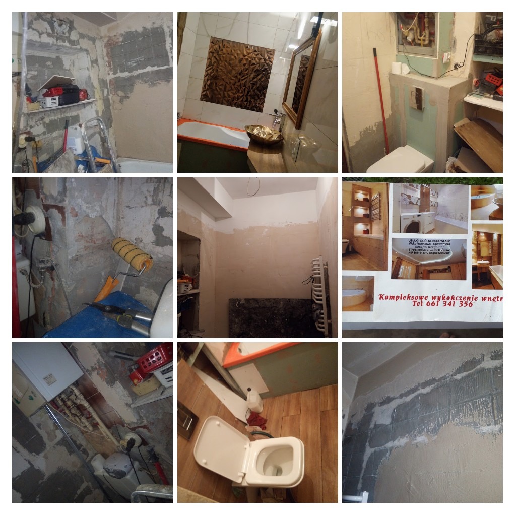 Kolaż zdjęć prezentujących etapy prac w trakcie odnawiania łazienki: od usunięcia starych płytek i przygotowania ścian, poprzez montaż instalacji, po częściowe ułożenie nowych płytek i montaż...
