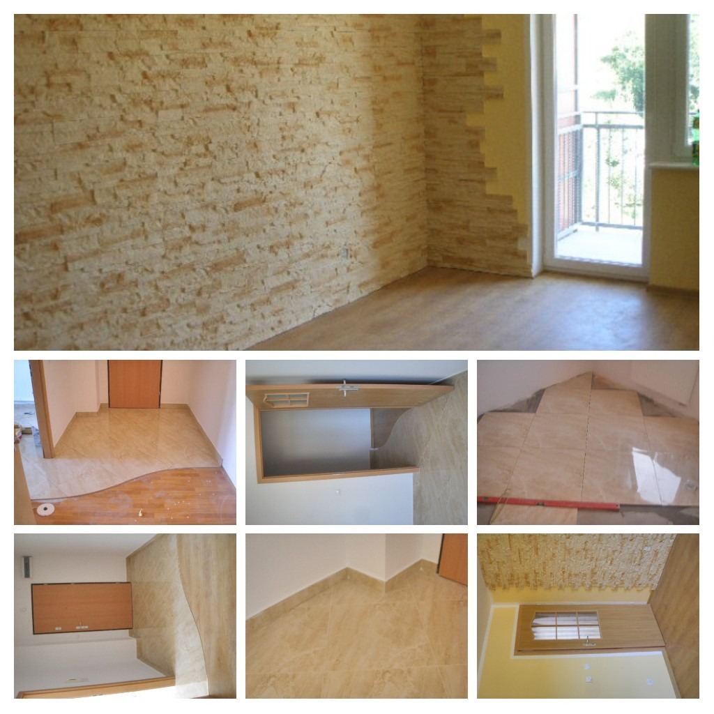 Kompozycja zdjęć przedstawiających wykończone wnętrza: ściana z dekoracyjnej cegły, błyszcząca podłoga z płytek imitujących marmur, fragment montażu płytek podłogowych z poziomicą, oraz zabudowa...