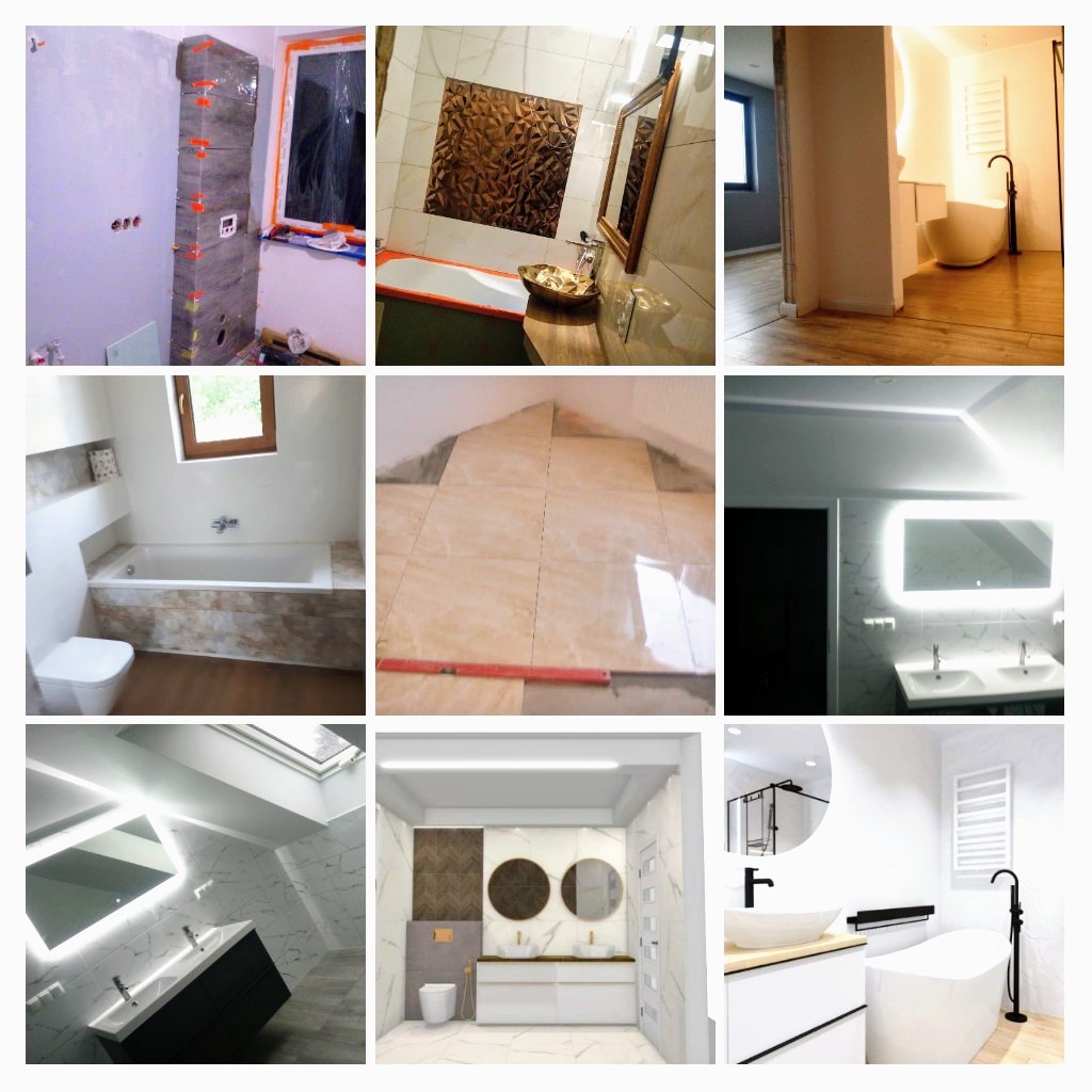 Mozaika zdjęć przedstawiających różne etapy i style wykończenia łazienek: od układania płytek z użyciem krzyżyków dystansowych, przez montaż armatury, po wizualizację gotowej łazienki z okrągłymi...