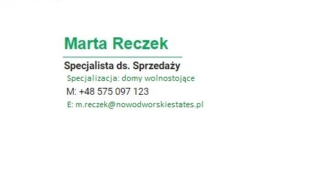Wizytówka Marty Reczek, specjalisty ds. sprzedaży domów wolnostojących z Nowodworski Estates, z numerem telefonu i adresem e-mail.