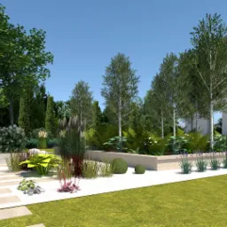 Wizualizacja ogrodu z białym żwirem, ścieżką z płyt, rabatami z różnorodną roślinnością i drzewami liściastymi na tle budynku z szarym dachem.