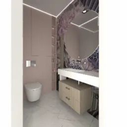 Wizualizacja nowoczesnej łazienki z okrągłym lustrem podświetlanym LED, umywalką nablatową na szafce z lamelami, toaletą w kolorze białym i marmurową posadzką.