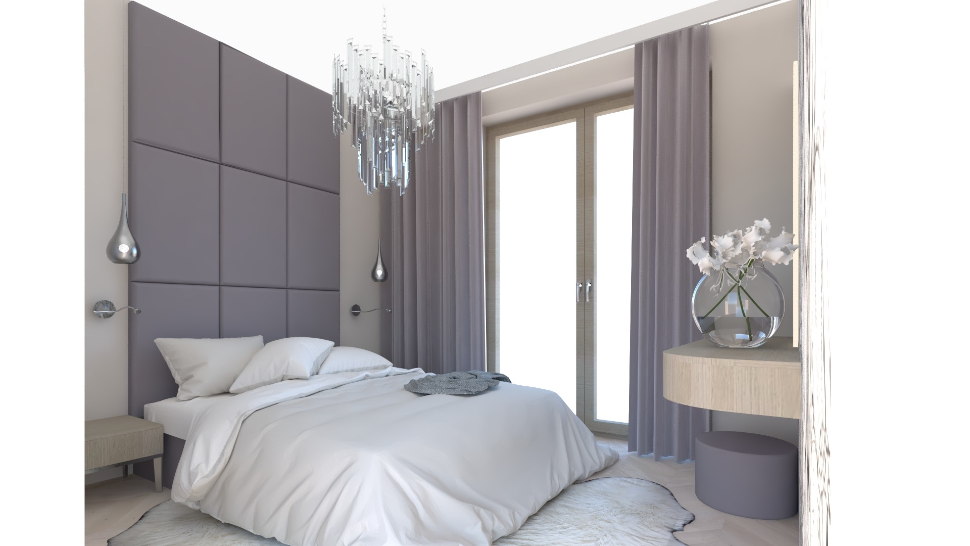 Nowoczesna sypialnia w odcieniach szarości i bieli z tapicerowanym panelem ściennym, kryształowym żyrandolem i kwiatami w szklanym wazonie.