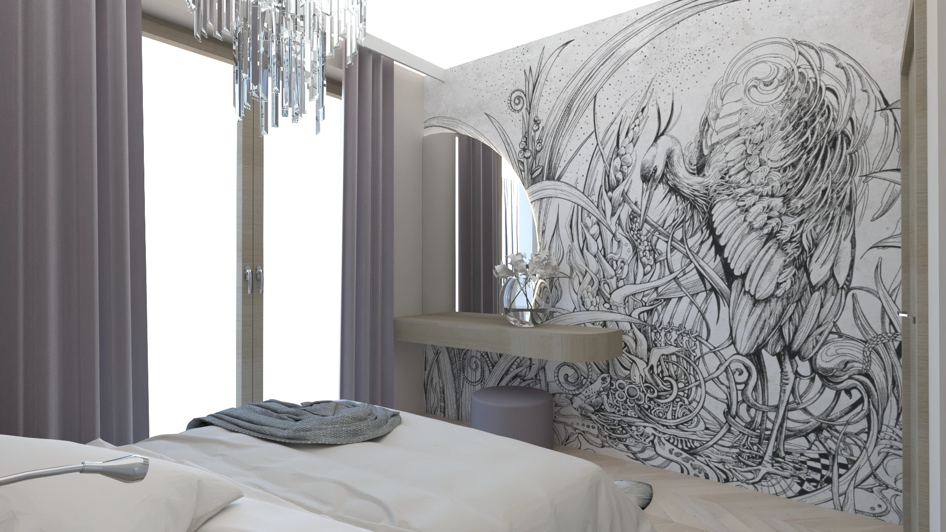 Sypialnia z łóżkiem, toaletką, lustrem w kształcie łuku i ścianą ozdobioną czarno-białym rysunkiem ptaka i roślinności. Nad łóżkiem wisi kryształowy żyrandol. Na łóżku leży szary pled.
