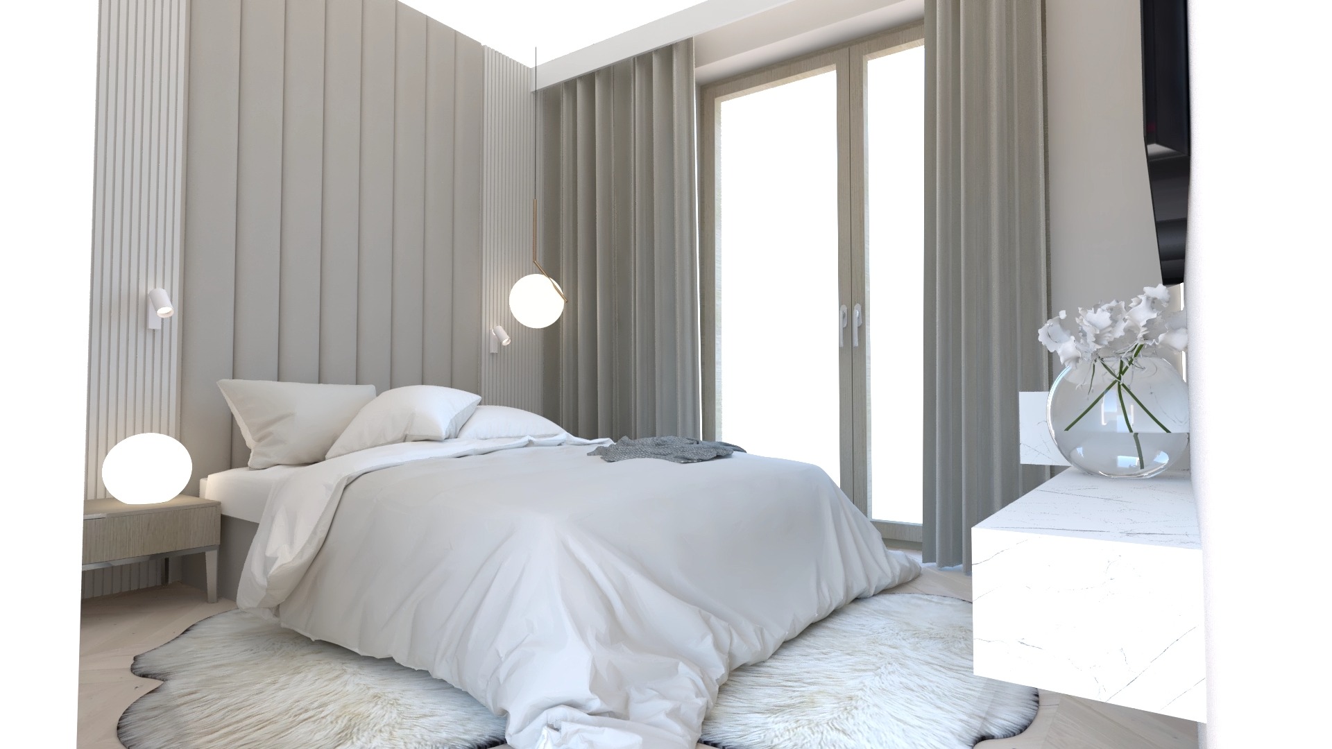 Jasna sypialnia z łóżkiem z białą pościelą, puszystym dywanem i ścianą z panelami. Na szafce nocnej okrągła lampka, nad łóżkiem wisząca lampa. Duże okno z zasłonami w tle.