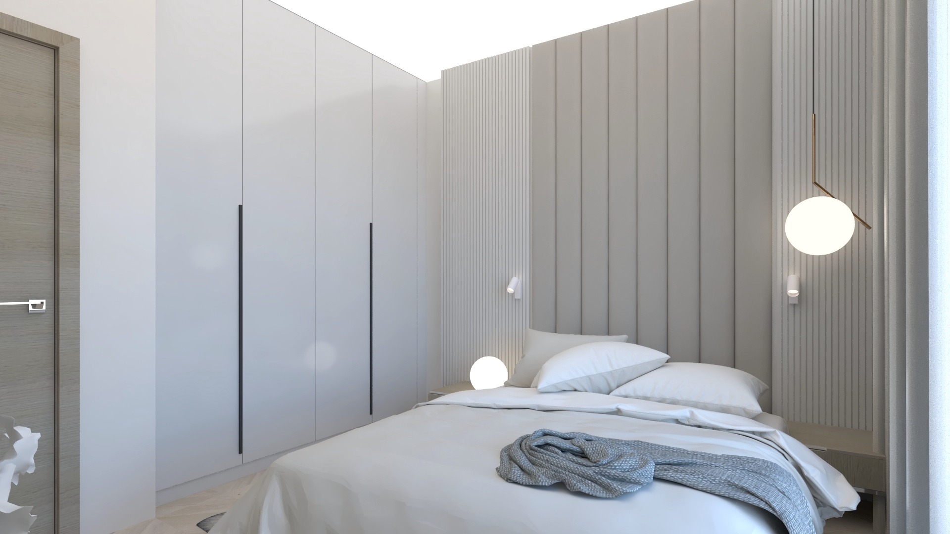 Minimalistyczna sypialnia z białymi meblami, panelem tapicerowanym za łóżkiem i wiszącą lampą kulą, doświetlona małymi kinkietami.