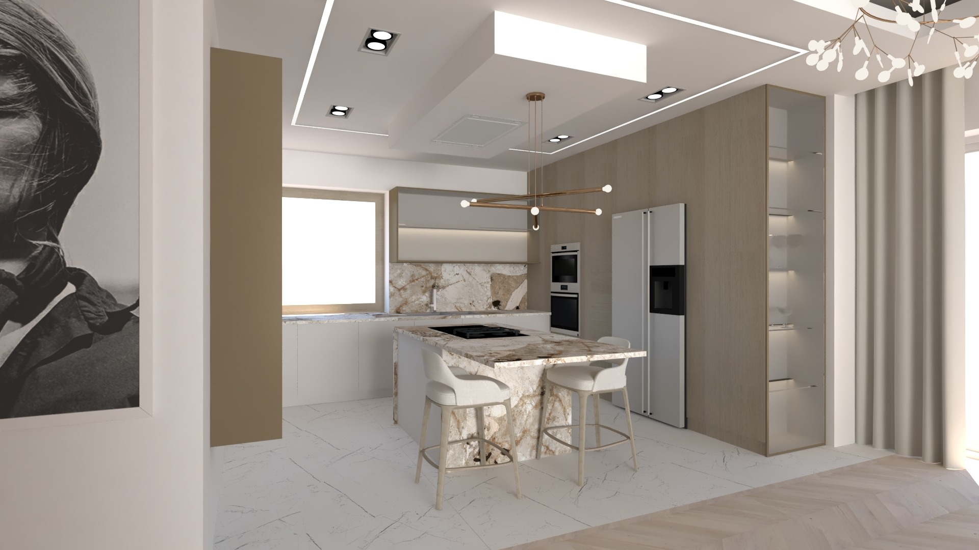 Wizualizacja nowoczesnej kuchni z wyspą wykończoną marmurem, białymi szafkami i oświetleniem LED, uzupełniona obrazem na ścianie i eleganckimi zasłonami.