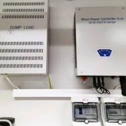 Białe obudowy urządzeń elektrycznych: obciążenie upustowe i kontroler mocy wiatru z inwerterem sieciowym, zamontowane na białej ścianie z widocznymi kablami i dwoma skrzynkami bezpiecznikowymi ETI.