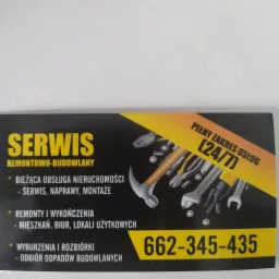 Wizytówka firmy remontowo-budowlanej z narzędziami w tle, oferującej pełny zakres usług 24/7 i podany numer telefonu.