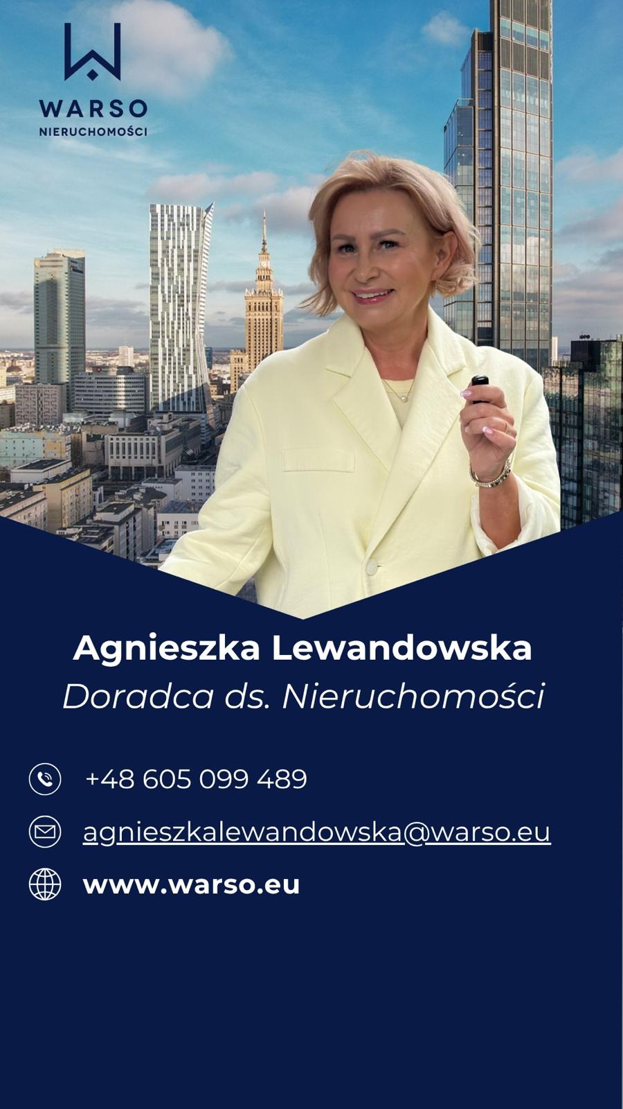 Portret doradcy ds. nieruchomości Agnieszki Lewandowskiej na tle panoramy Warszawy, wizerunek firmy Warso Nieruchomości z danymi kontaktowymi.