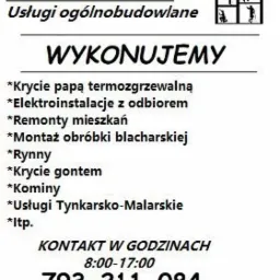 Ogłoszenie firmy 'ADI-PIO'BUD oferującej usługi ogólnobudowlane, w tym krycie papą termozgrzewalną, elektroinstalacje, montaż obróbki blacharskiej, rynny, krycie gontem, kominy i usługi...