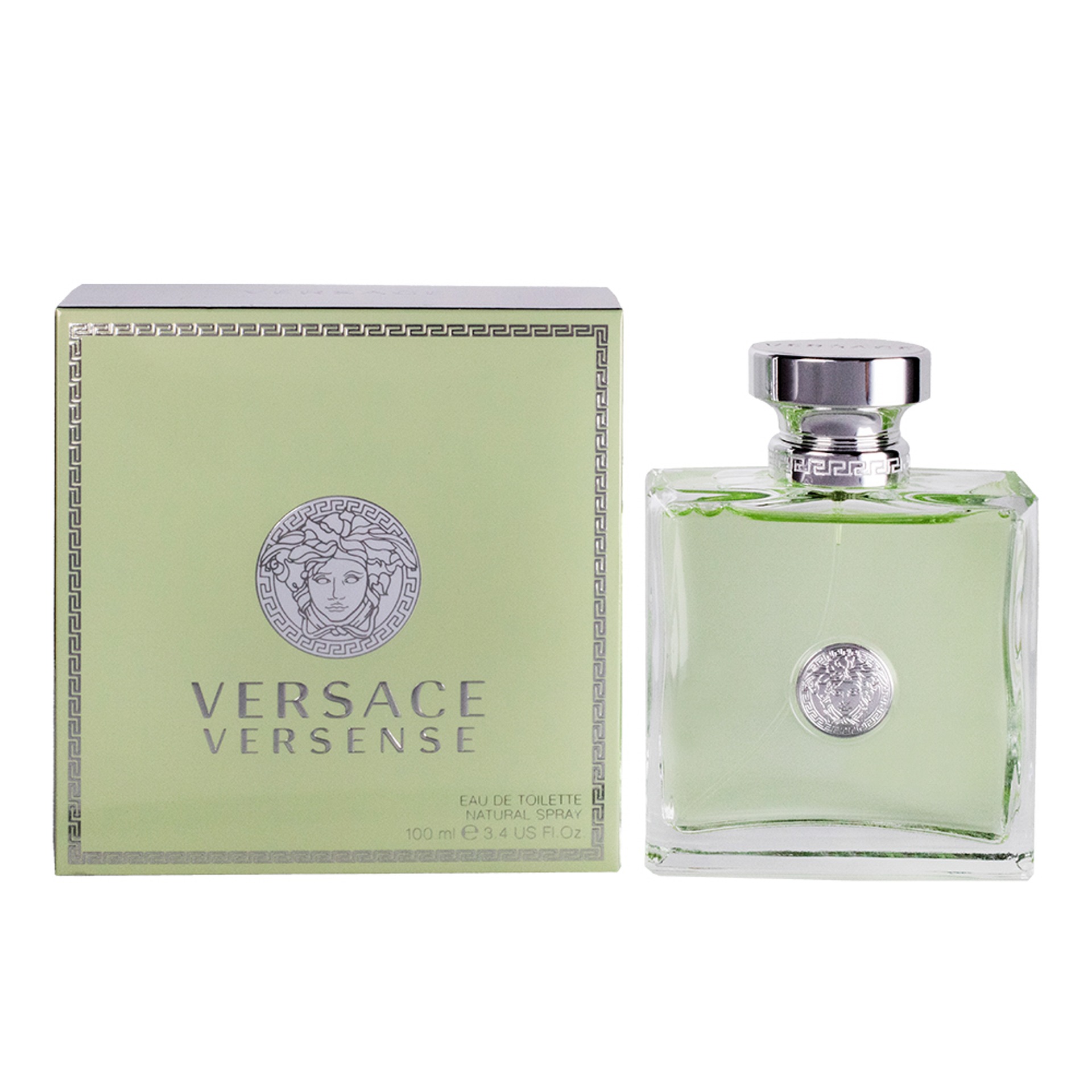 Butelka i pudełko perfum Versace Versense na białym tle, prezentacja produktu z logo Meduzy.