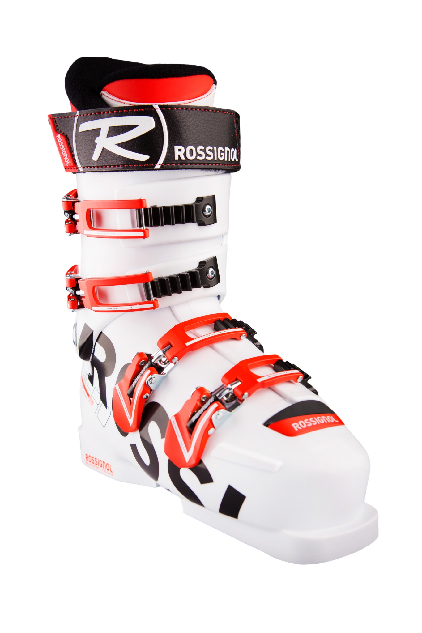 Biały but narciarski Rossignol z czerwonymi i czarnymi detalami, widoczny z boku na białym tle.
