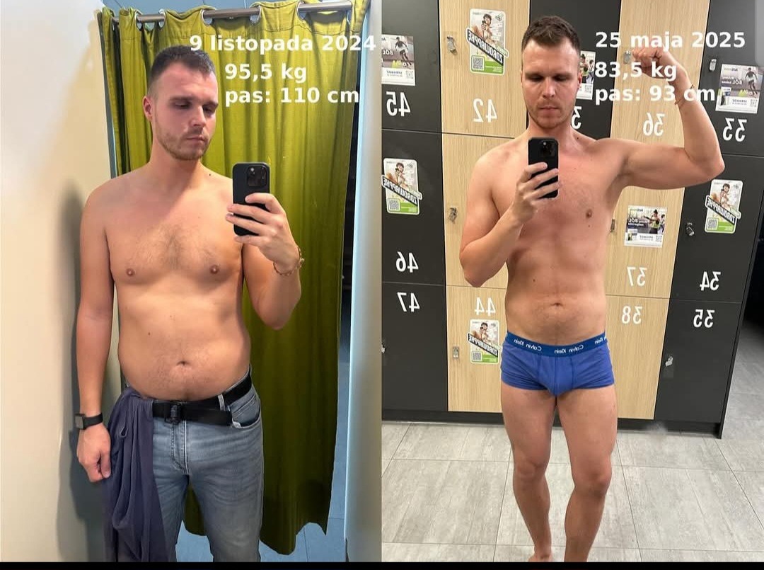Mężczyzna prezentuje metamorfozę sylwetki: zdjęcie 'przed' (95.5kg, 110cm w pasie) i 'po' (83.5kg, 93cm w pasie). Widoczna poprawa kondycji i redukcja wagi.
