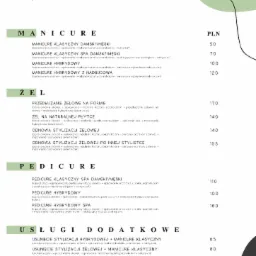 Cennik usług kosmetycznych obejmujący manicure klasyczny, hybrydowy, żelowy oraz pedicure, z wyszczególnionymi cenami i opisami zabiegów.