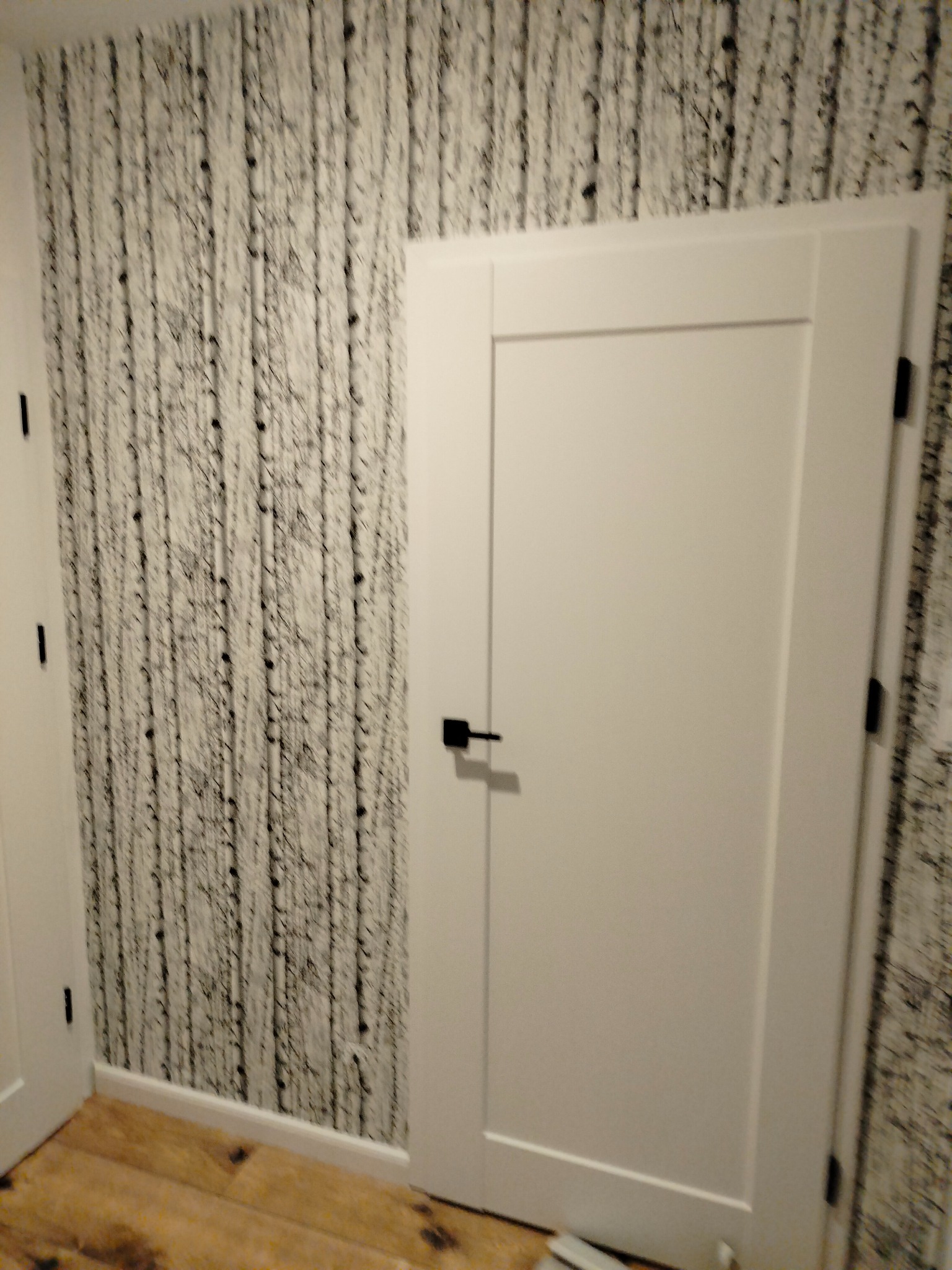 Białe drzwi wewnętrzne z czarną klamką, przylegające do ściany pokrytej tapetą imitującą brzozowy las, z widoczną podłogą z paneli.