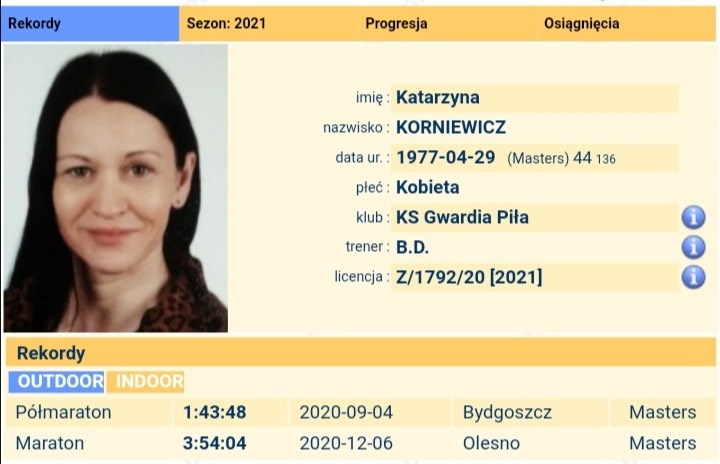 Zdjęcie profilowe Katarzyny Korniewicz z informacjami o jej rekordach w półmaratonie i maratonie, przynależności klubowej (KS Gwardia Piła) oraz licencji trenerskiej.
