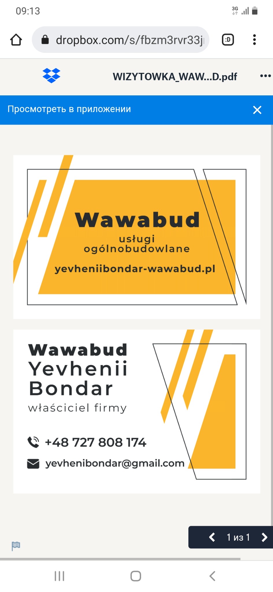 Wizytówka firmy Wawabud z Warszawy, oferującej usługi ogólnobudowlane, z danymi kontaktowymi właściciela Yevhenii Bondar.