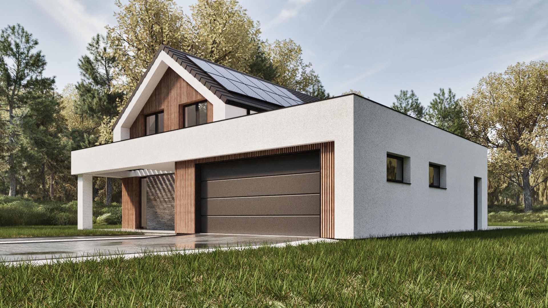 Nowoczesny dom jednorodzinny z panelami słonecznymi na dachu i garażem z brązową bramą segmentową, otoczony drzewami.
