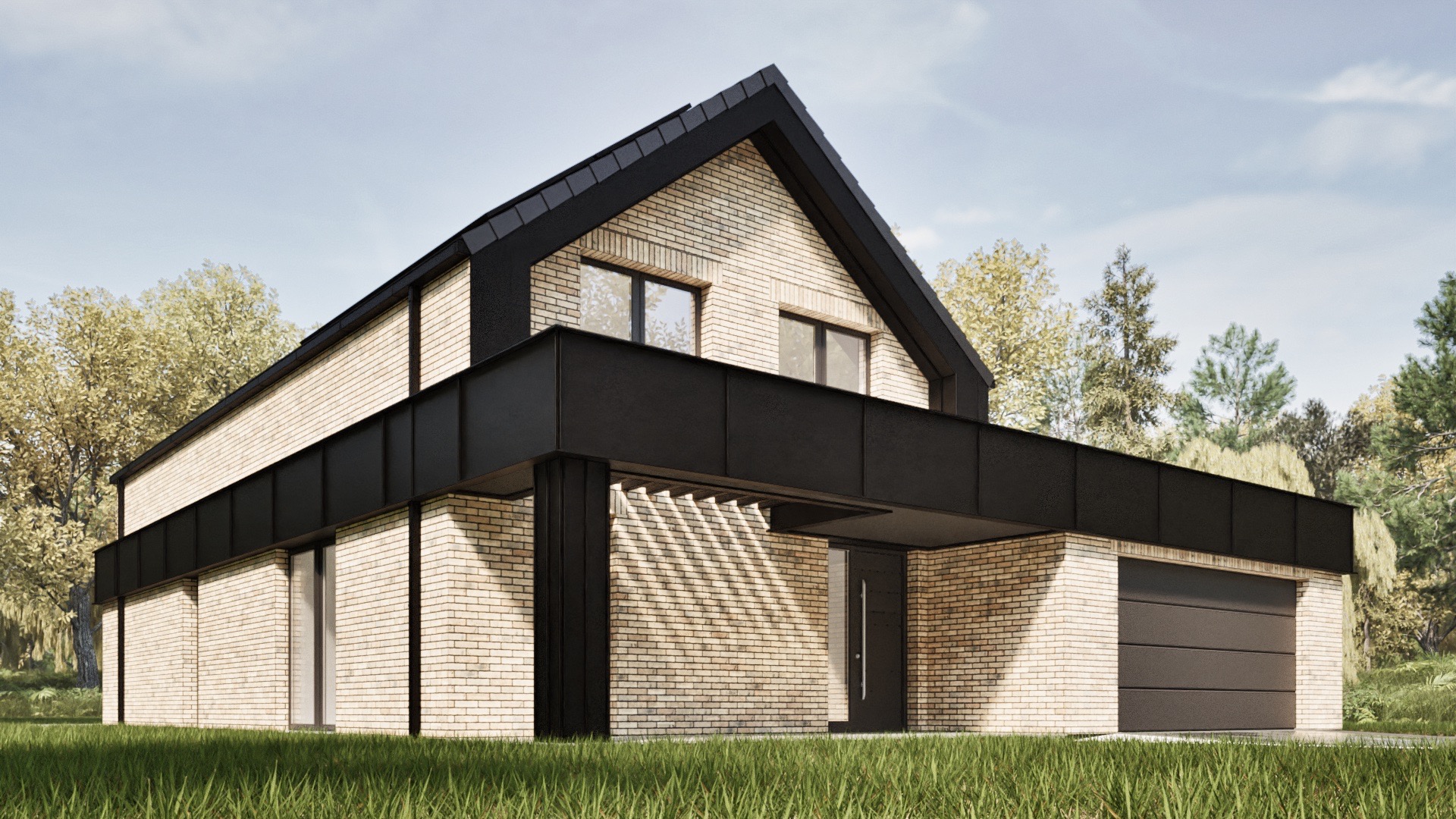 Wizualizacja domu jednorodzinnego z elewacją z jasnej cegły i czarnymi elementami wykończeniowymi, w tle drzewa i błękitne niebo.