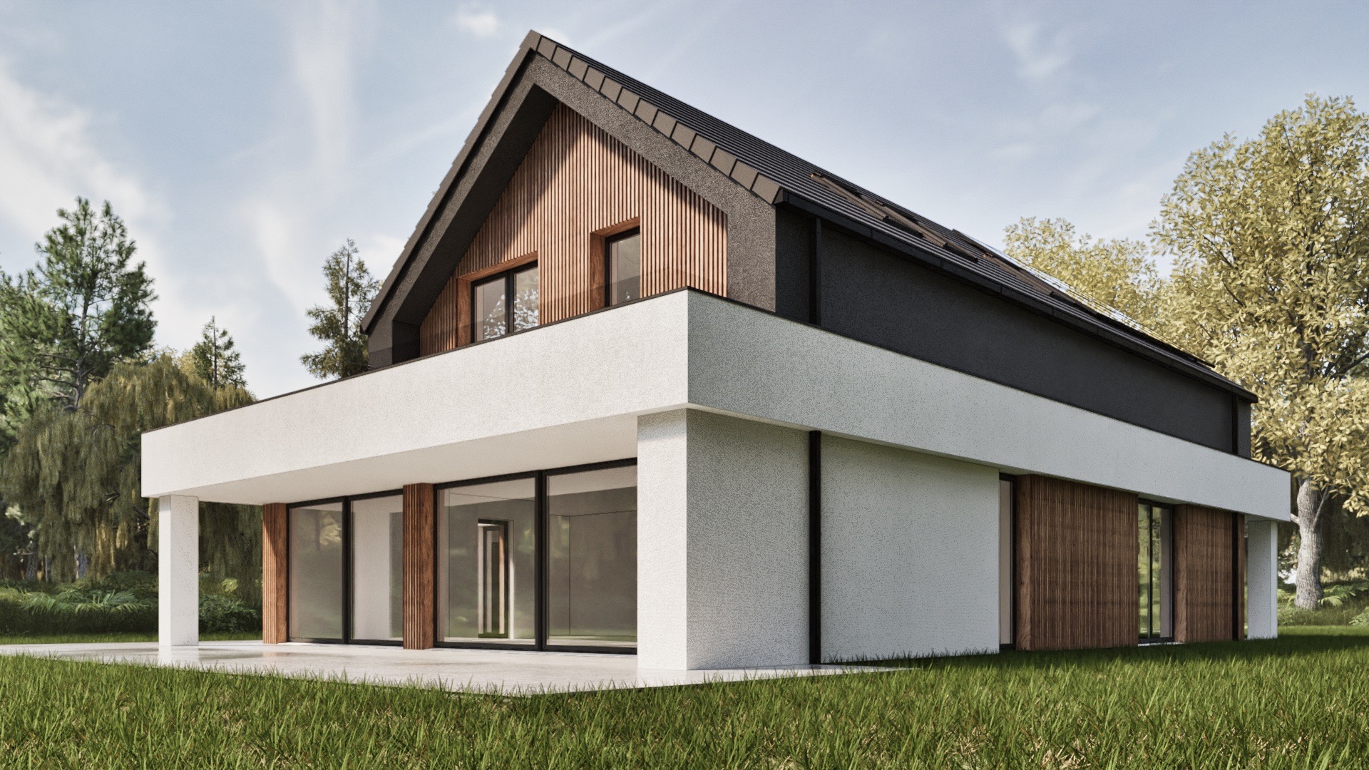 Wizualizacja nowoczesnego domu jednorodzinnego z elementami drewnianej elewacji, białym tynkiem i dużymi przeszkleniami, otoczonego zielenią.