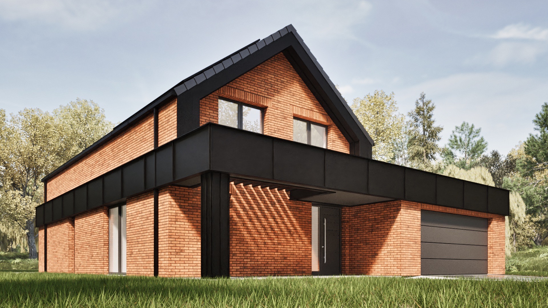 Dwupiętrowy dom z cegły klinkierowej z czarnymi elementami wykończeniowymi, w tym zadaszeniem nad wejściem i dachem, otoczony zielenią.