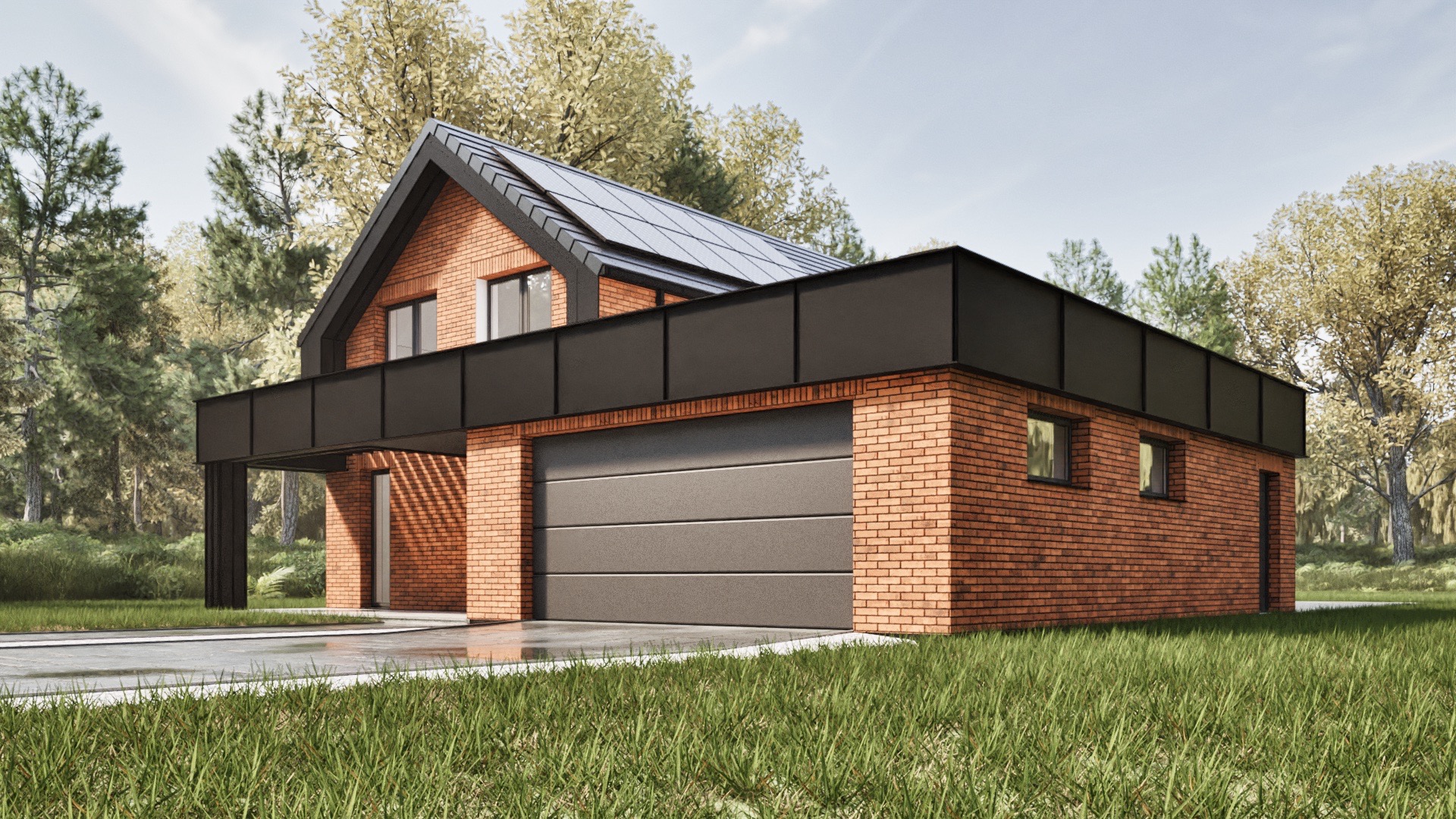 Wizualizacja domu jednorodzinnego z garażem, elewacja z czerwonej cegły, czarny dach z panelami słonecznymi, otoczenie leśne.