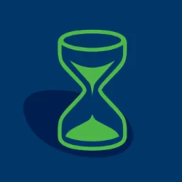 Stylizowany zielony klepsydra na ciemnoniebieskim tle, rzucająca cień, symbol upływającego czasu.