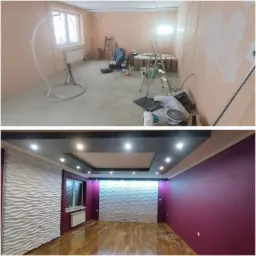 Dwuczęściowe zdjęcie: górna część przedstawia pokój w trakcie remontu z drabina, narzędziami i materiałami budowlanymi; dolna część ukazuje ten sam pokój po remoncie z panelami 3D na ścianie, nową...