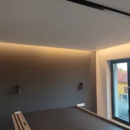 Nowoczesne wnętrze z oświetleniem LED w suficie podwieszanym, ciemnoszara ściana z minimalistycznymi lampkami, okno z widokiem na dom z czerwoną dachówką.