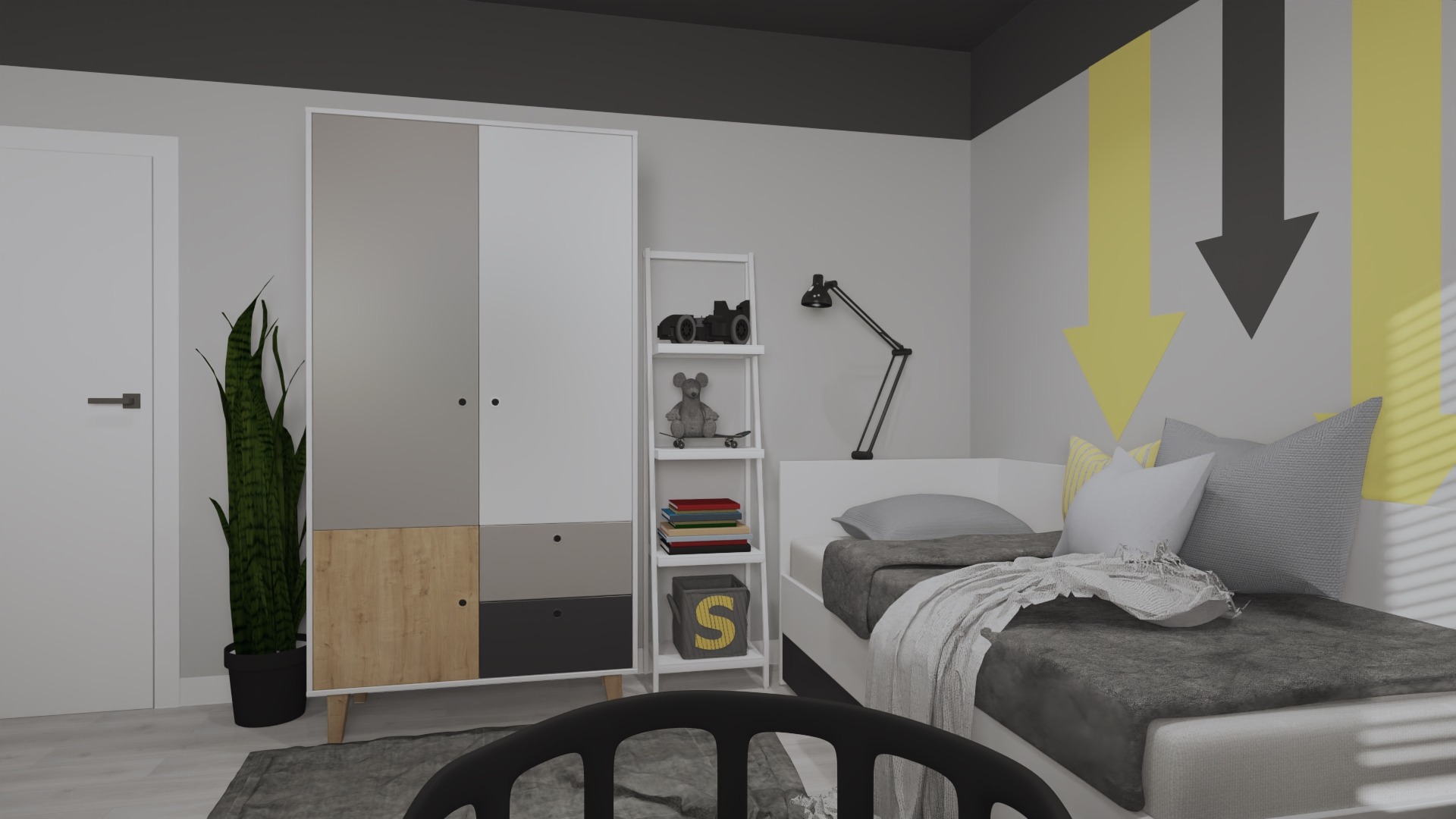 Pokój dziecięcy w Pile z łóżkiem, szafą i regałem na zabawki, ściana z dekoracyjnymi strzałkami w odcieniach szarości i żółci.