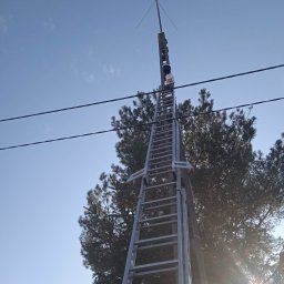 Woj-Bol Technology Wojciech Ból - Wysoka drabina oparta o słup z anteną na tle błękitnego nieba i drzew. Widoczne przewody elektryczne i słońce prześwitujące przez gałęzie.