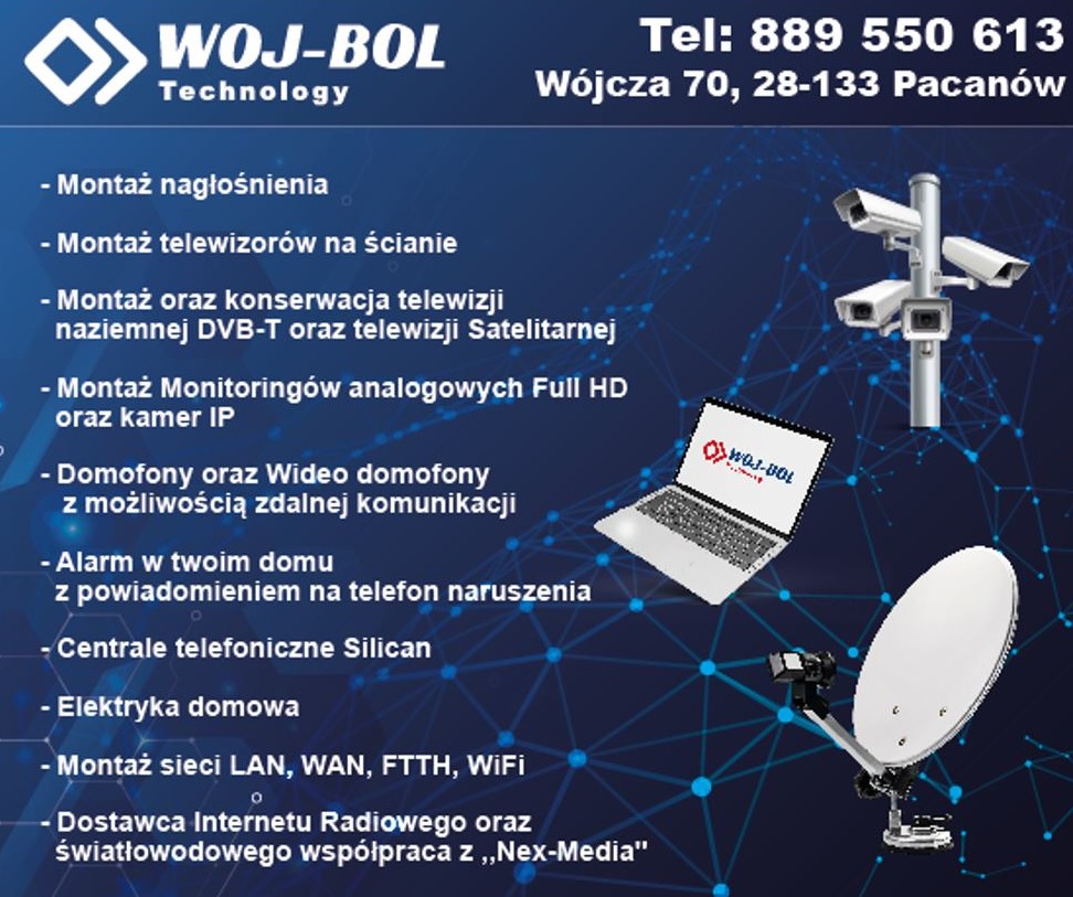 Grafika reklamowa firmy telekomunikacyjnej prezentująca usługi: kamery monitoringu, antenę satelitarną, laptop z logo firmy, domofony, instalacje sieciowe, alarmy i instalacje elektryczne.
