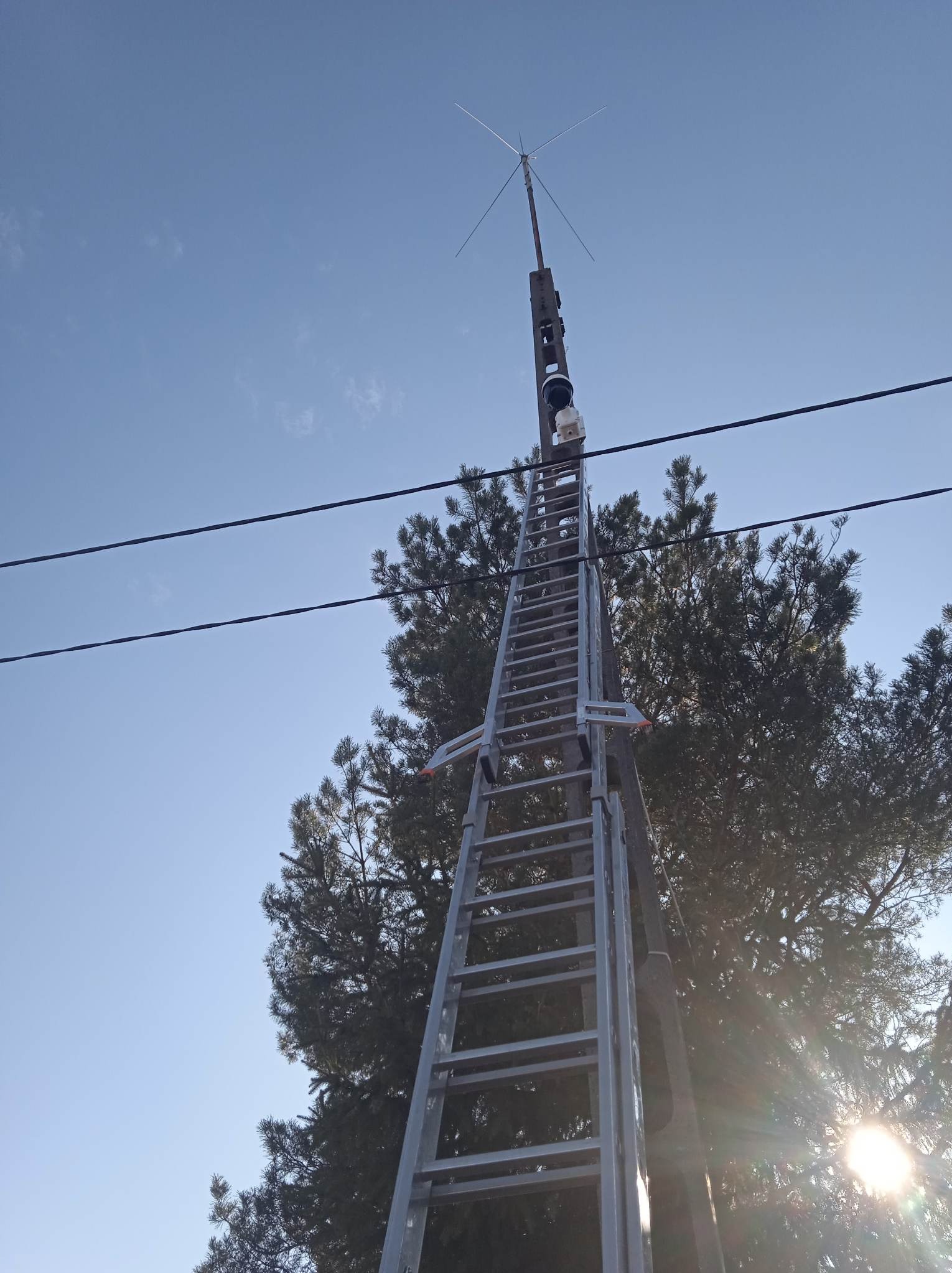 Wysoka drabina oparta o słup z anteną na tle błękitnego nieba i drzew. Widoczne przewody elektryczne i słońce prześwitujące przez gałęzie.