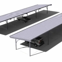 Wizualizacja dwóch zadaszonych parkingów z blachy trapezowej na stalowych słupach, z zaparkowanymi samochodami osobowymi.