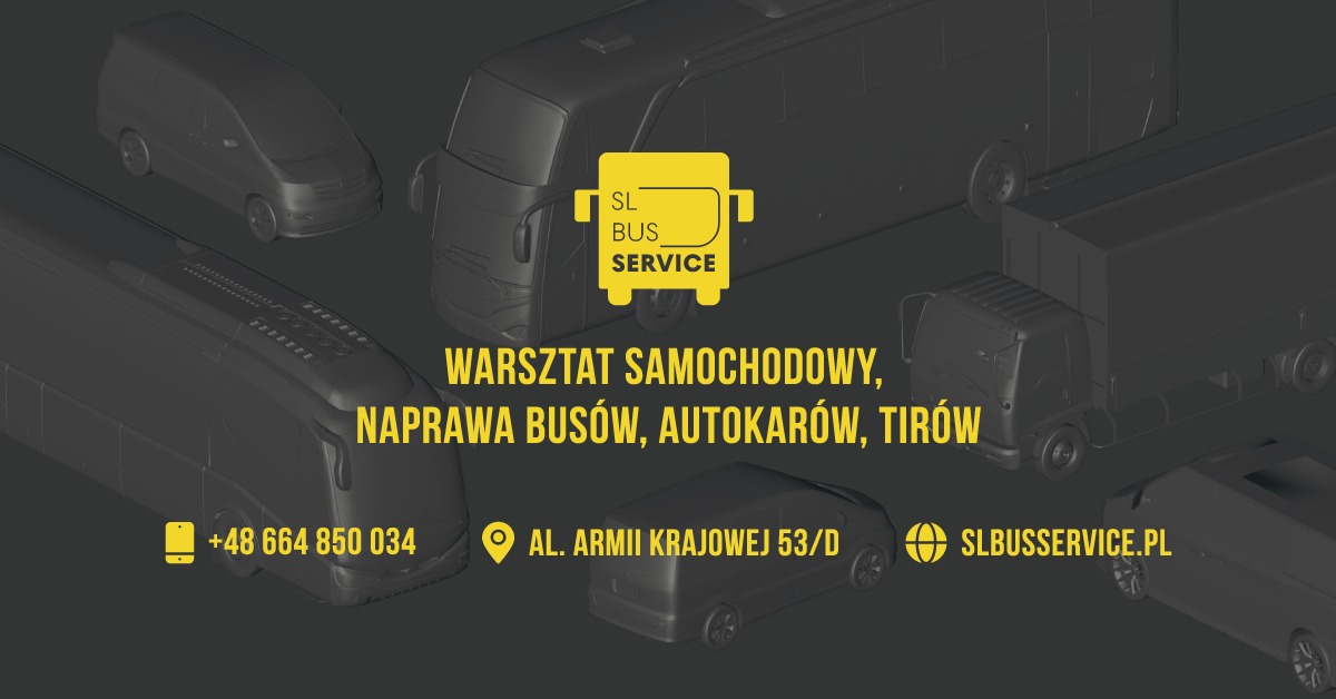 Grafika reklamowa warsztatu samochodowego SL Bus Service z modelem 3D busa, autokaru, tira i vana, numerem telefonu, adresem i adresem strony internetowej na szarym tle.