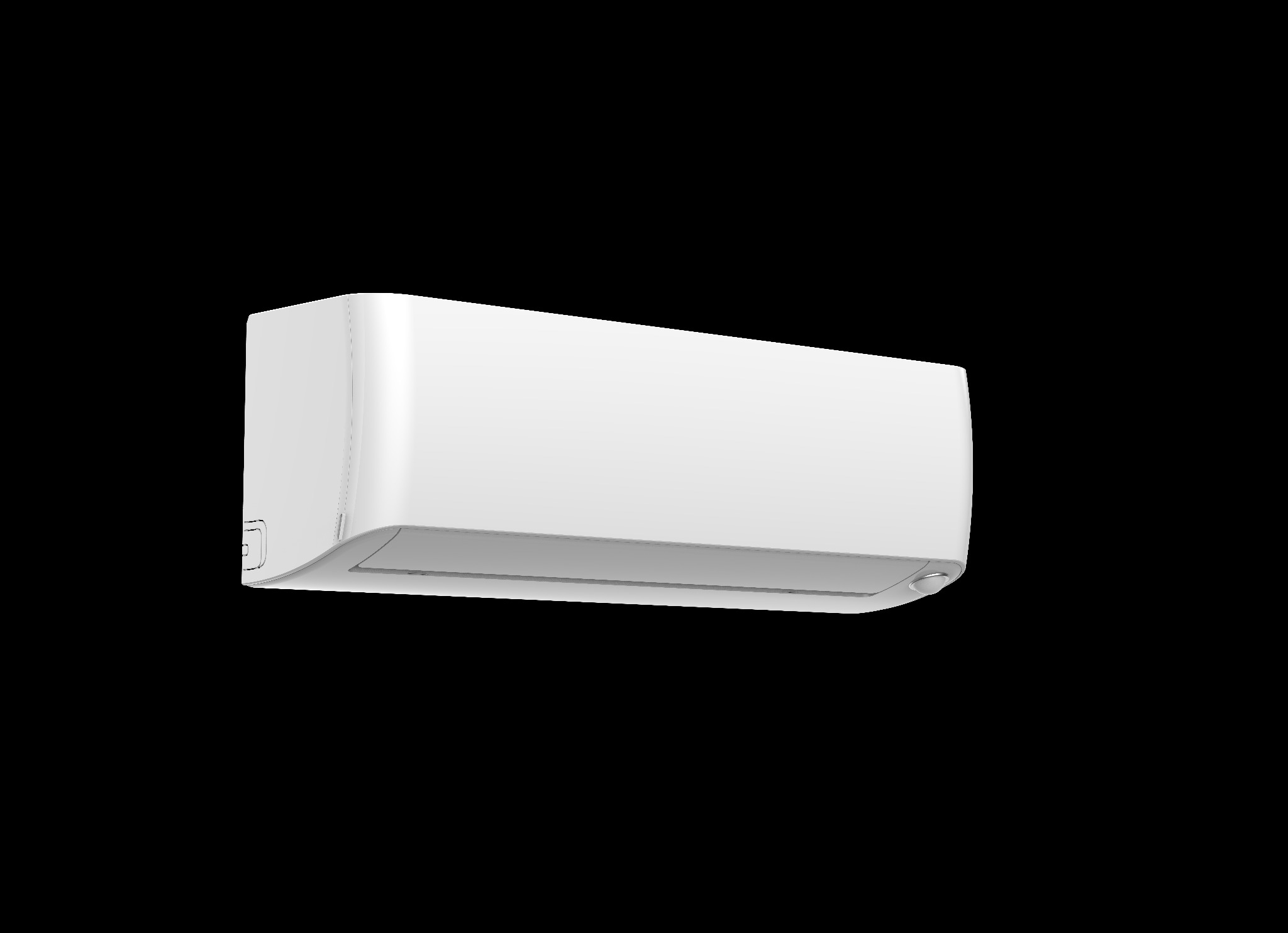 Nowoczesny, biały klimatyzator ścienny, widok z boku na czarnym tle, prezentacja produktu.