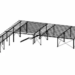 Schemat konstrukcji stalowej hali z widocznymi elementami nośnymi, słupami i kratownicami, prezentowany w formie czarno-białego rysunku technicznnego.