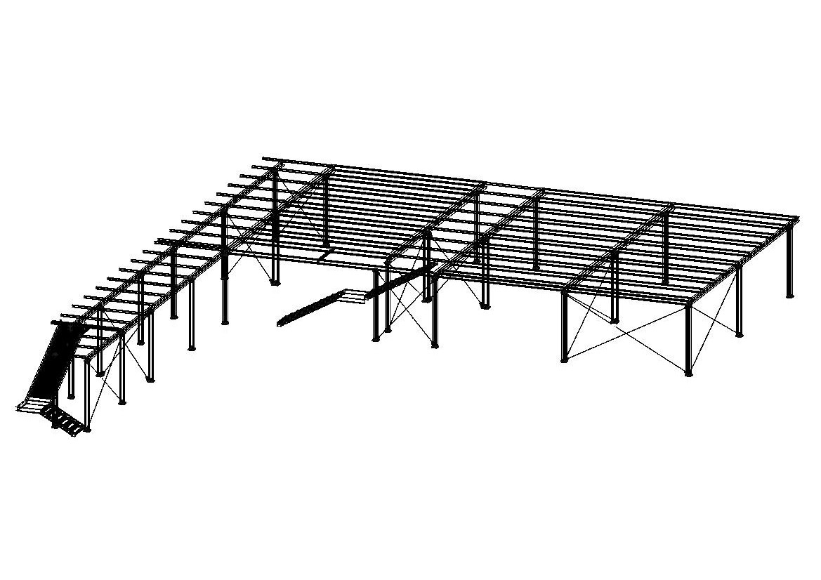 Schemat konstrukcji stalowej hali z widocznymi elementami nośnymi, słupami i kratownicami, prezentowany w formie czarno-białego rysunku technicznnego.