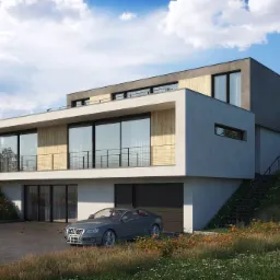 Wizualizacja nowoczesnego, dwukondygnacyjnego domu z płaskim dachem, dużymi oknami i balkonem, otoczonego zielenią i zaparkowanym szarym samochodem.