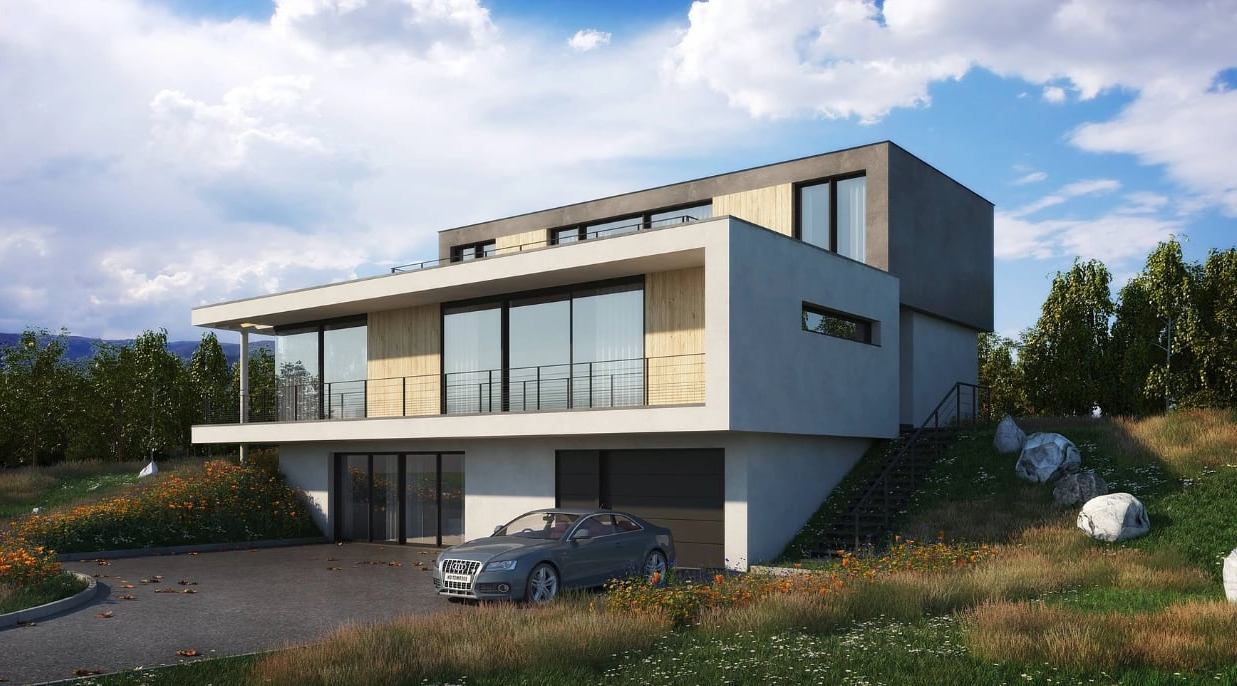 Wizualizacja nowoczesnego, dwukondygnacyjnego domu z płaskim dachem, dużymi oknami i balkonem, otoczonego zielenią i zaparkowanym szarym samochodem.