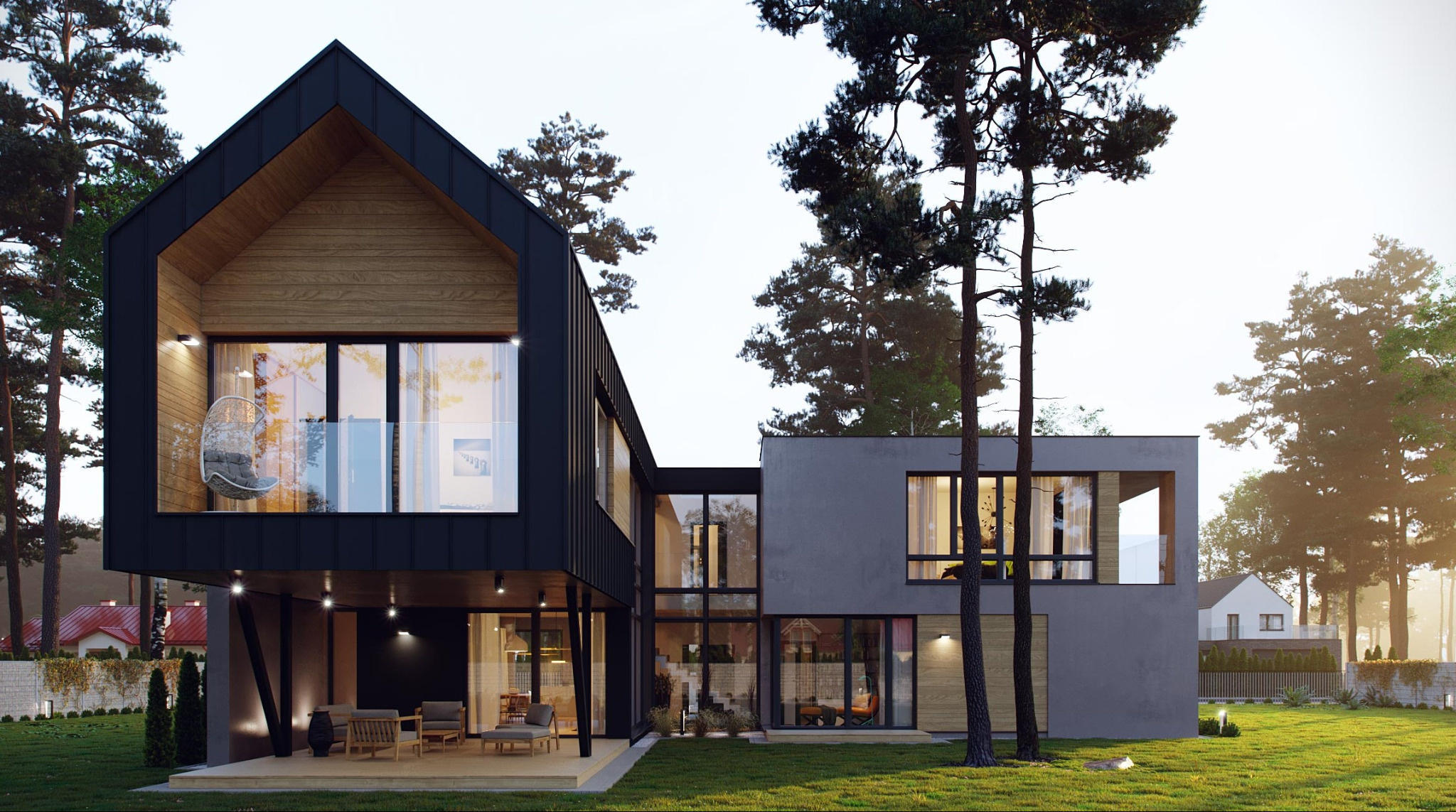 Wizualizacja nowoczesnego domu z elementami drewna, z dużymi oknami i tarasem, otoczonego zielonym trawnikiem i wysokimi drzewami.