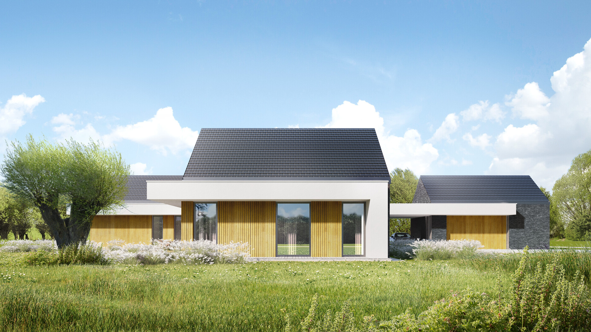 Wizualizacja nowoczesnego domu jednorodzinnego z płaskim dachem i drewnianą elewacją, otoczonego zielonym trawnikiem i kwitnącymi krzewami, w słoneczny dzień.