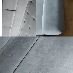 Fragmenty szarej kanapy z widocznymi plamami przed czyszczeniem, zróżnicowane ujęcie na trzech kadrach.